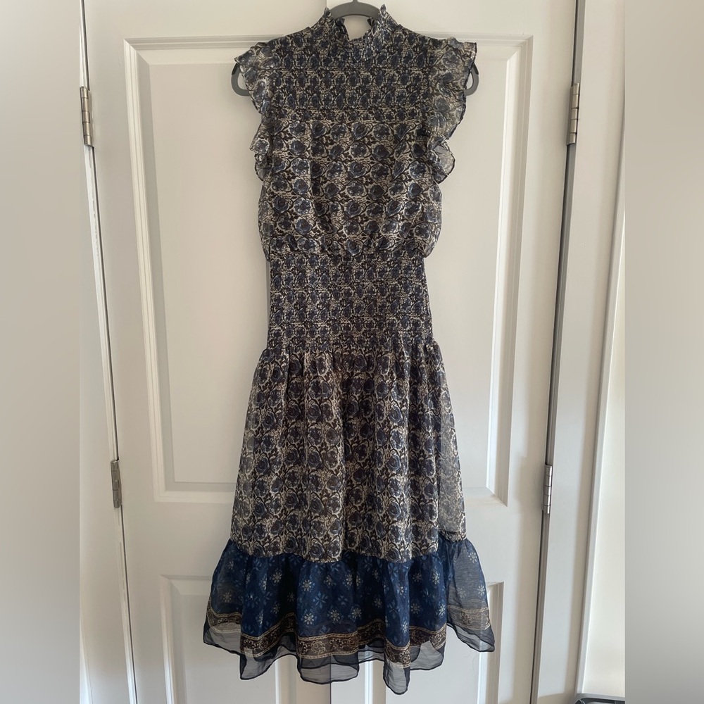 Aqua Navy and Cream Ruffle Midi Dress